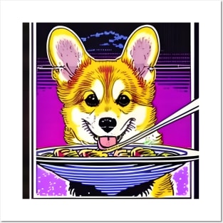 Corgi Eating Ramen Noodle Soup Posters and Art